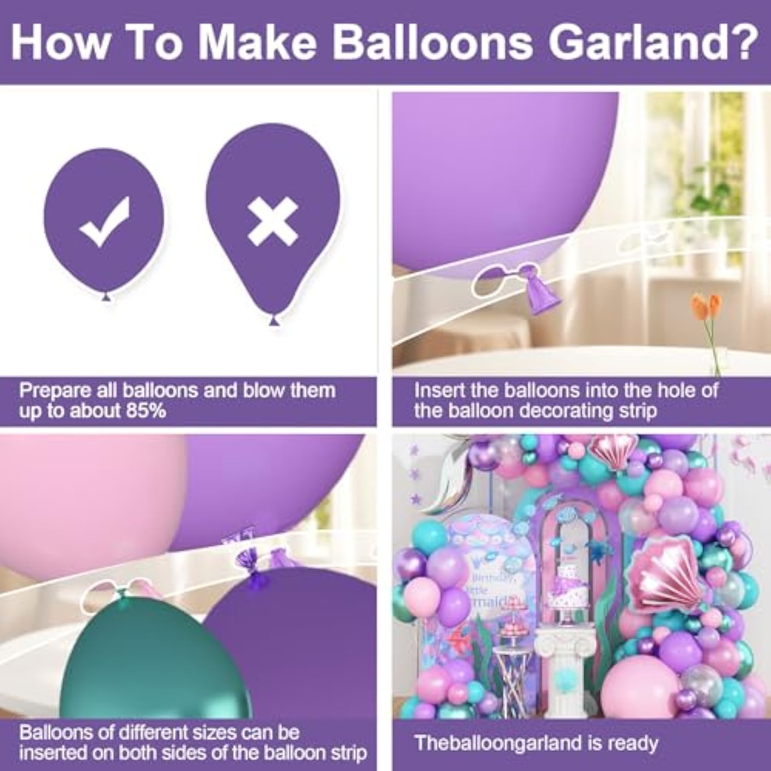 Mermaid Balloon Arch Garland Kit, Mermaid Tail Balloon Garland With Pastel Pink Purple Green Teal Metallic Latex Balloons For Girls Birthday Baby Shower, Under The Sea Shell Theme Party Decor Supplies