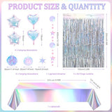 13 Pcs Iridescent Party Decorations with Holographic Tablecloth Balloons Star Moon Garlands Streamer Honeycomb Balls Paper Fan Foil Fringe Curtain for Disco Mermaid Birthday Party Supplies