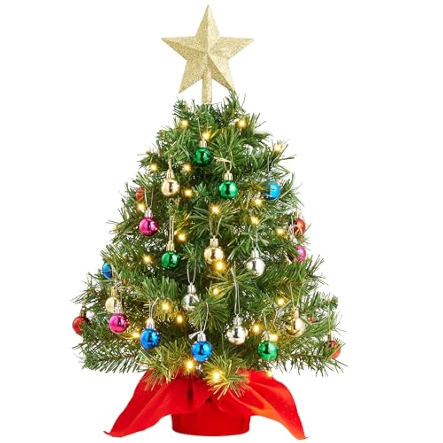 24"/2Ft Mini Christmas Tree Tabletop Set With Clear Led Lights, Artificial Mini Christmas Tree With Star Treetop And Hanging Ornaments, Best Diy Xmas Decorations