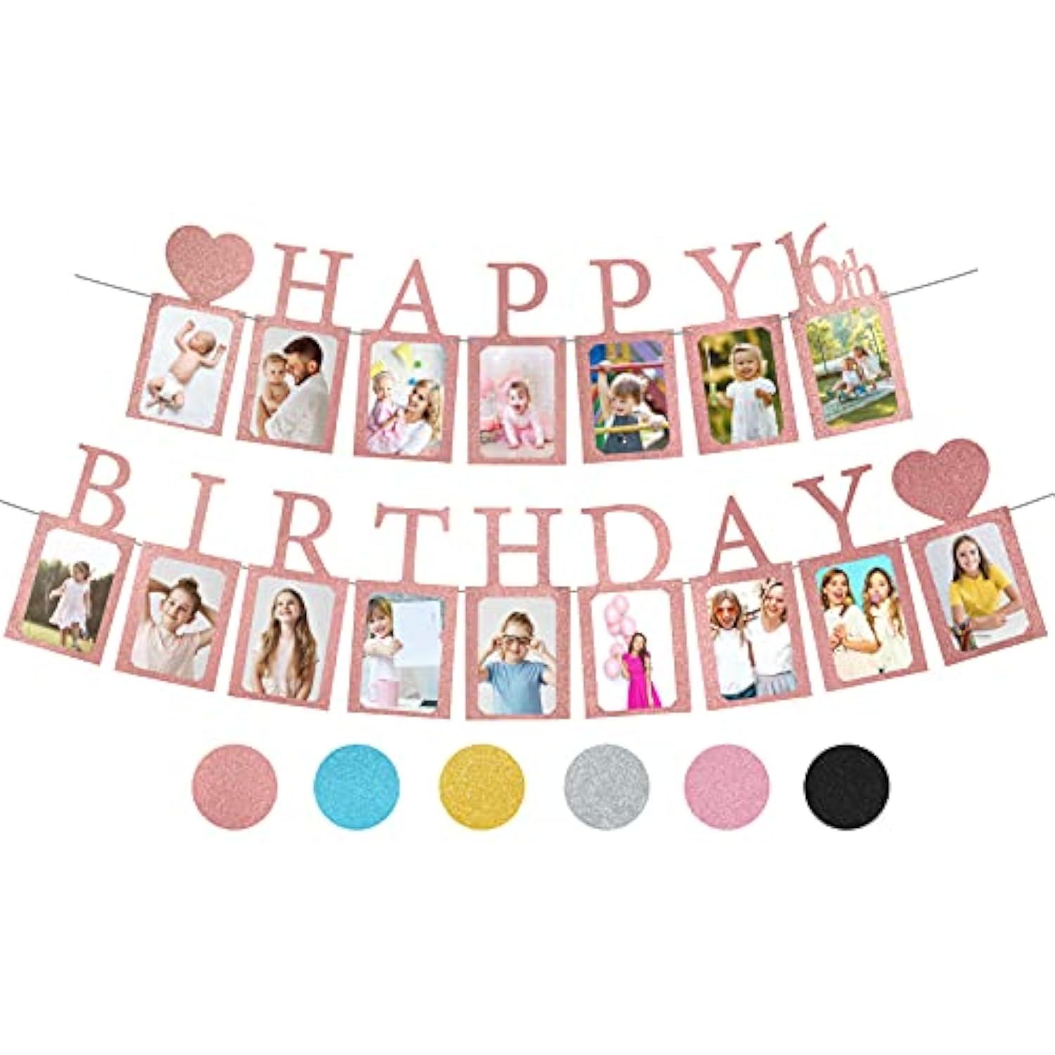 Rose Gold Sweet 16 Photo Banner – Pre-Assembled with 16 Picture Frames & Birthday Signs