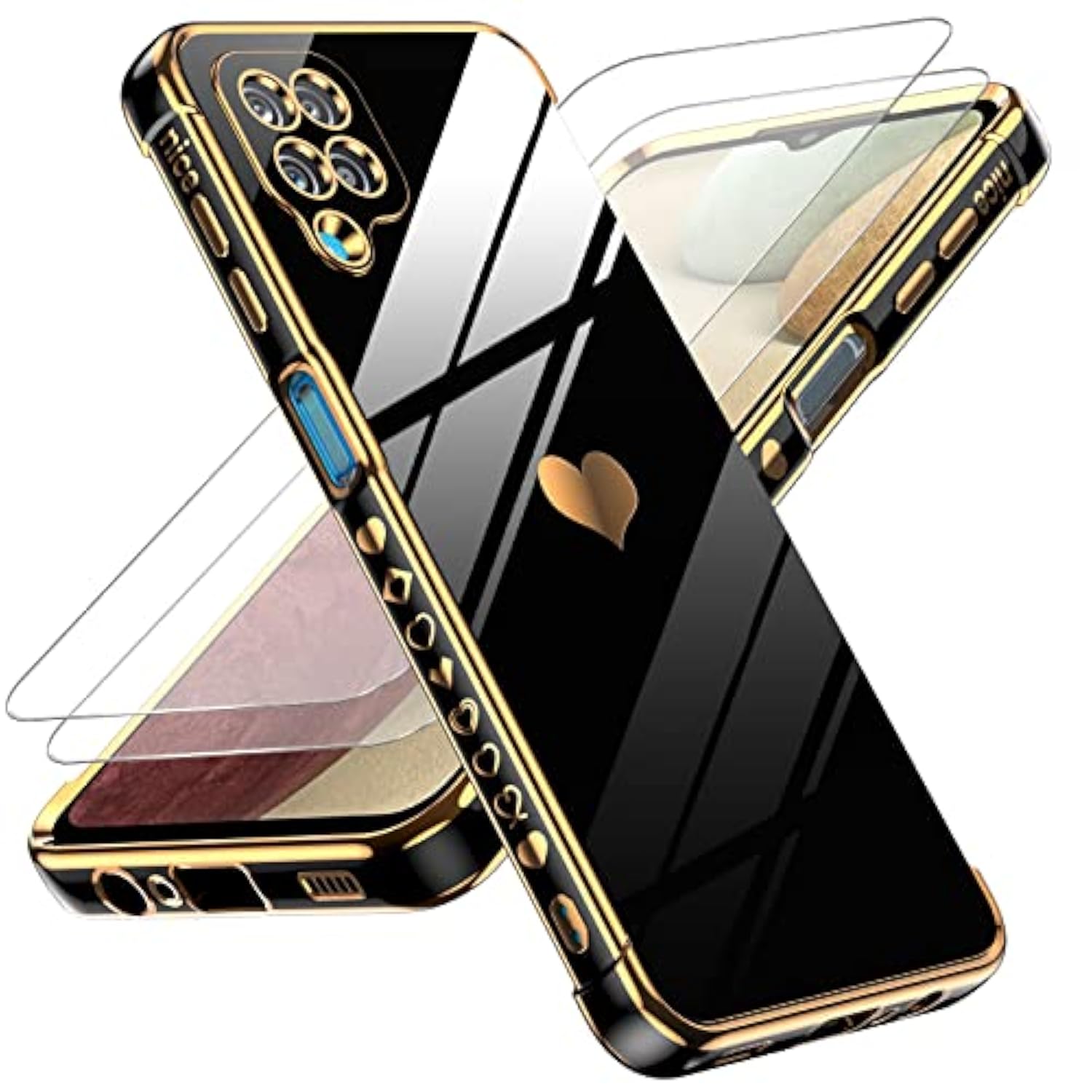 For Samsung Galaxy A12 Case: With Tempered Glass Screen Protector [2 Pcs]+ Full Camera Lens Protection, Love Heart Plating Girly Women Cute Luxury Soft Tpu Shockproof Case For Samsung A12, Black