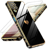 For Samsung Galaxy A12 Case: With Tempered Glass Screen Protector [2 Pcs]+ Full Camera Lens Protection, Love Heart Plating Girly Women Cute Luxury Soft Tpu Shockproof Case For Samsung A12, Black