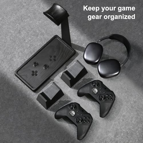 Headset Stand with 2 Controller Holders - Solid Wood & Metal Gaming Headphone Holder for Switch, Controllers, and Desk Accessories (Black)