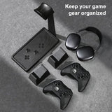 Headset Stand with 2 Controller Holders - Solid Wood & Metal Gaming Headphone Holder for Switch, Controllers, and Desk Accessories (Black)