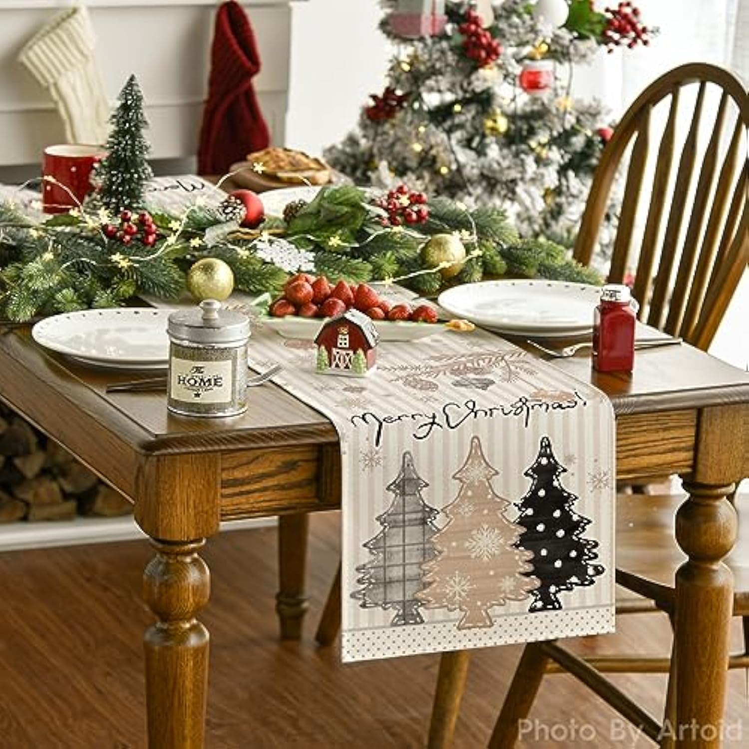 Stripes Pine Trees Merry Christmas Table Runner, Winter Xmas Holiday Kitchen Dining Table Decoration For Home Party Decor 13X72 Inch