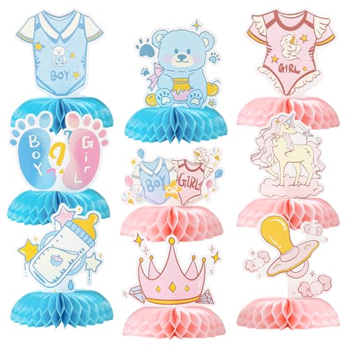 Gender Reveal Honeycomb Centerpieces Set – 9 PCS Baby Shower Table Decorations with Unicorn, Bear, Bottle, Pacifier & Crown Designs, Includes Clear Storage Box – Boy or Girl Party Supplies
