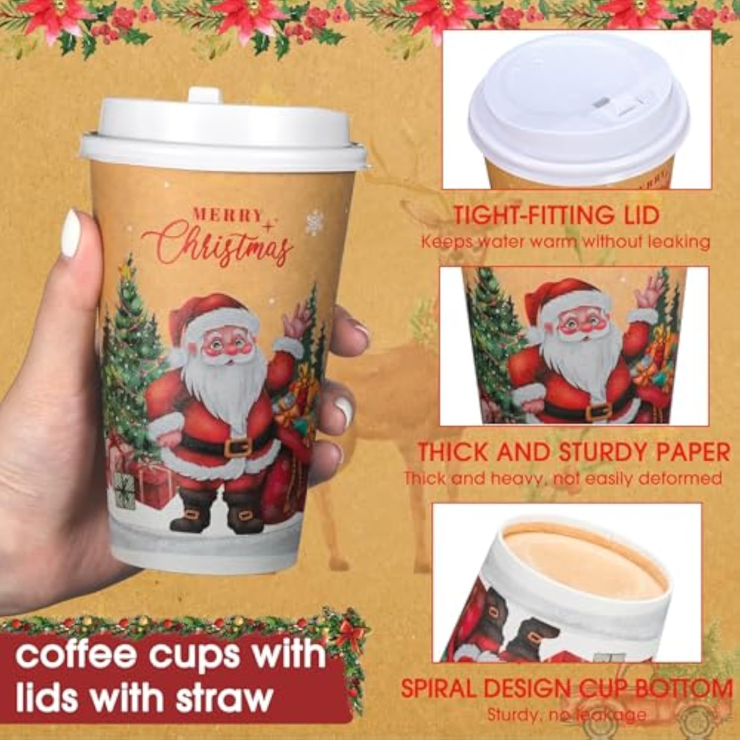50 Pack Vintage Christmas Coffee Cups 16 Oz With Lids & Straws, Disposable Paper Hot Cocoa & Hot Chocolate Cups, Bulk Holiday Party Supplies For Winter Events, Merry Christmas Designs