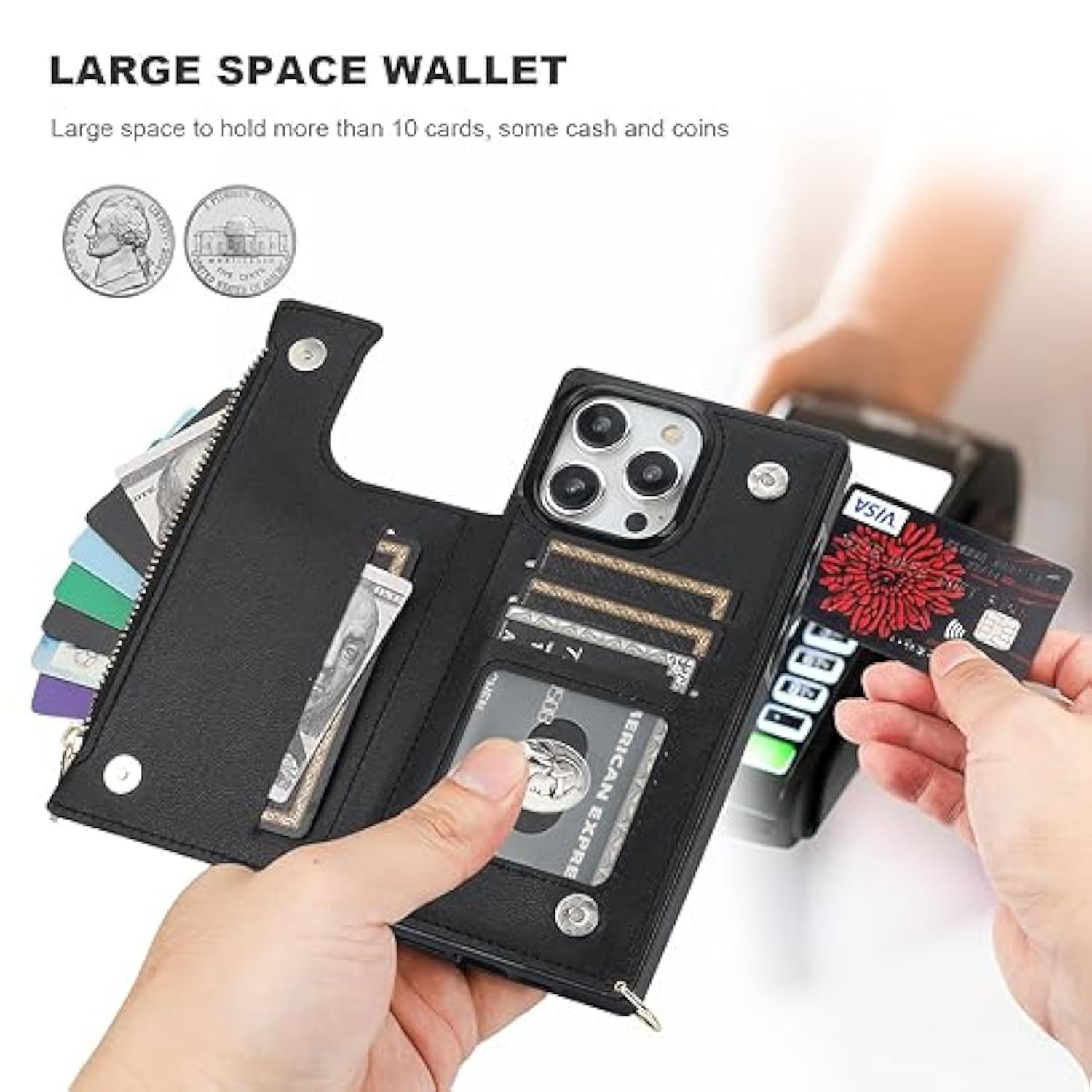 iPhone 15 Pro Max Crossbody Wallet Case RFID PU Leather Black 6.7in