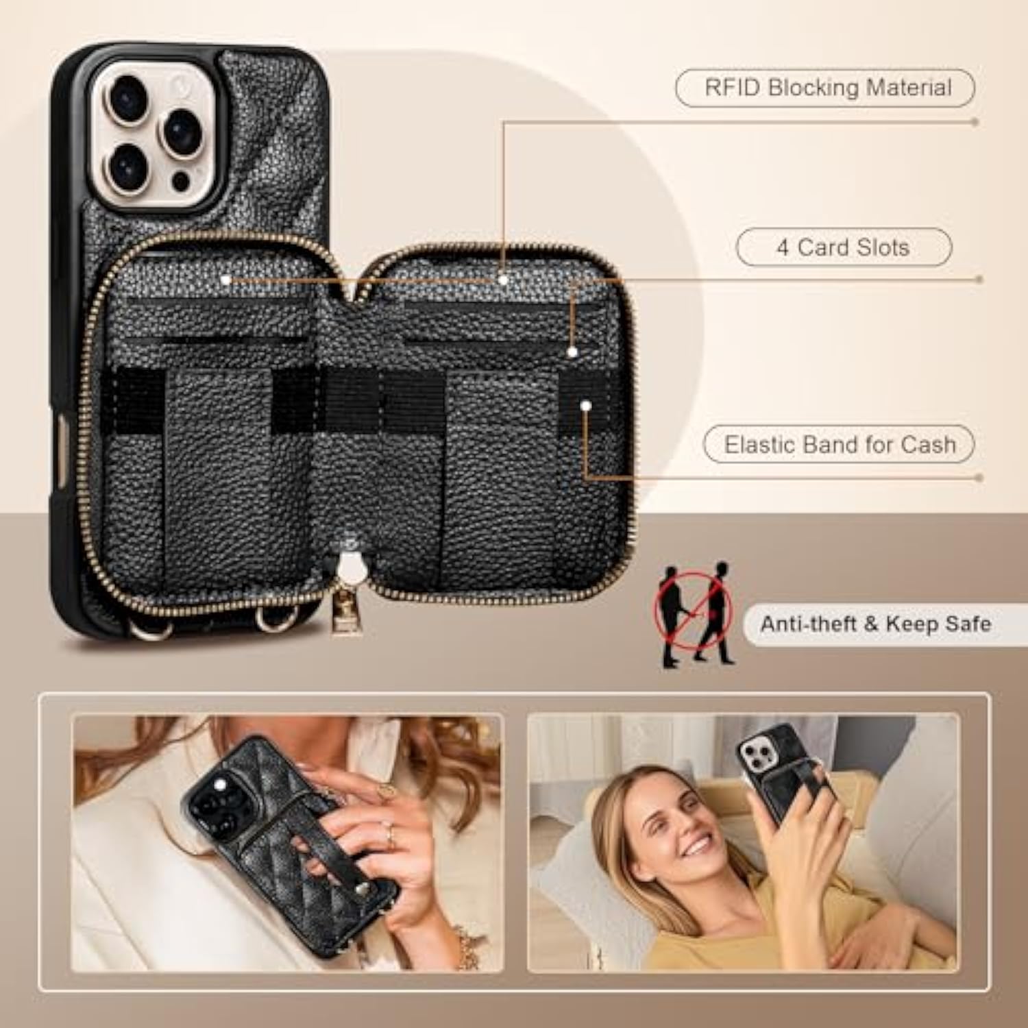 For Iphone 16 Pro Max Wallet Case, Crossbody Phone Strap With Zipper Card Holder, Rfid Blocking Pu Leather Cover For Women, Adjustable Anti-Theft Wrist Strap For Iphone 16 Pro Max 6.9'', Black