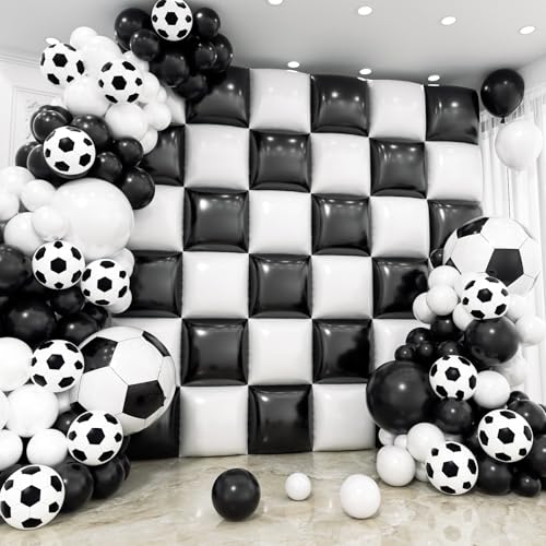 36pcs Black and White Square Foil Balloons Wall Backdrop with 114pcs Soccer Balloon Garland Arch Kit, Double Sided Balloons for World Soccer Boys Sports Theme Baby Shower Party Decorations Set