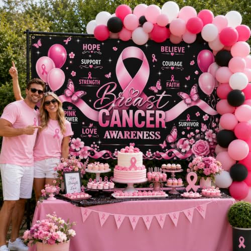 Breast Cancer Awareness Backdrop Banner October Pink Ribbon Decorations for Home Office We Wear Pink Breast Cancer Awareness Party Decorations Photo Booth Props 70.8 x 43.3 Inch