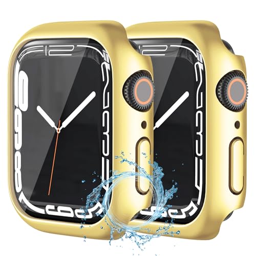 [2 Pack] Waterproof Plated Hard Case for  Watch Series 6 5 4 SE 44mm Tempered Glass Screen Protector Case, [No Black Edge] Full Coverage