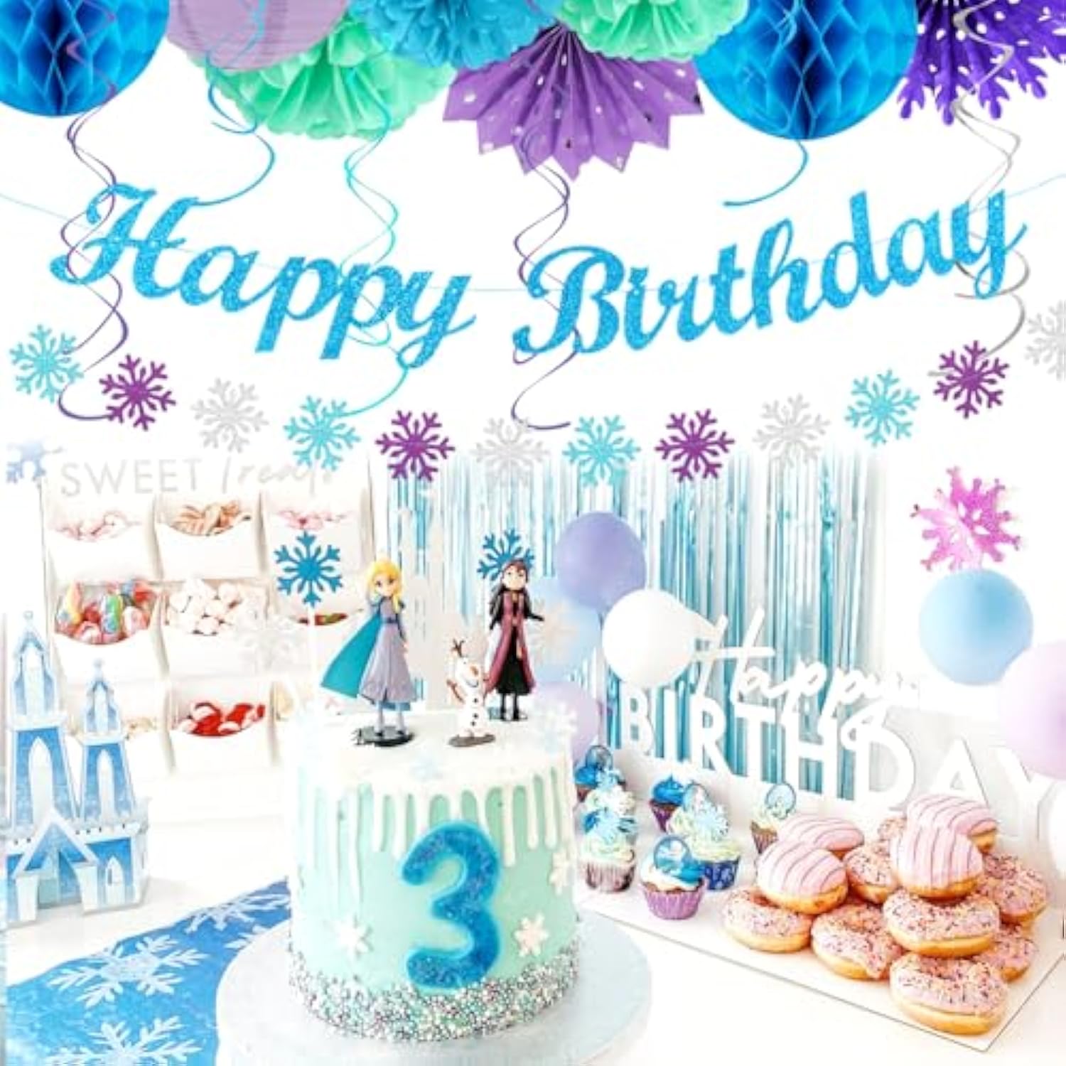 Winter-Wonderland Christmas-Snowflake Frozen Birthday Party-Decorations - 21Pcs Happy Banner,Blue Purple Teal Paper Lanterns Honeycomb Streamers,Tissue Pom Poms Flower Fan,Hanging Decor
