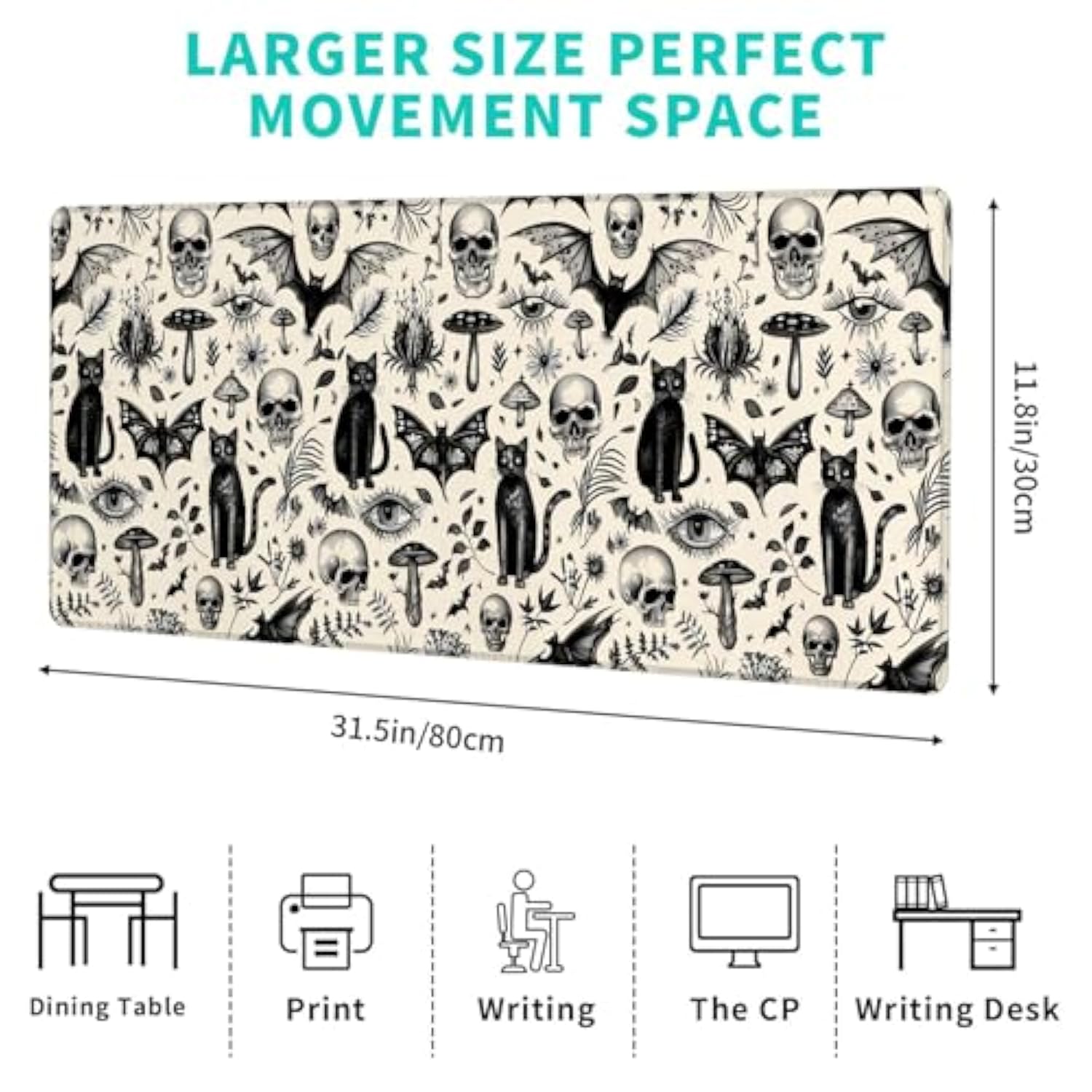 Gothic Cat And Skull Gaming Mouse Pad – 12X31.5In Non-Slip Rubber Desk Mat With Vintage Occult Design – Large Extended Mousepad For Office, Home – Deskmat Gifts For Goth And Dark Art Decor