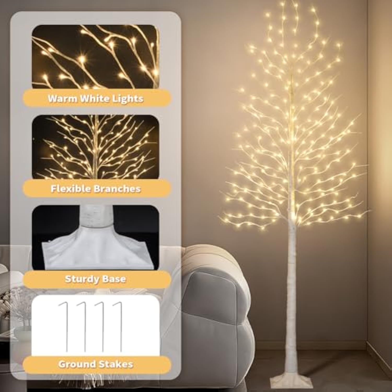 Birch Tree With Led Lights 4+6+8Ft, 3Pk Artificial Christmas Trees Prelit With 8 Lighting Modes And Timer, Lit Twinkling Twig Tree Warm White For Xmas Home Outdoor Indoor Decoration