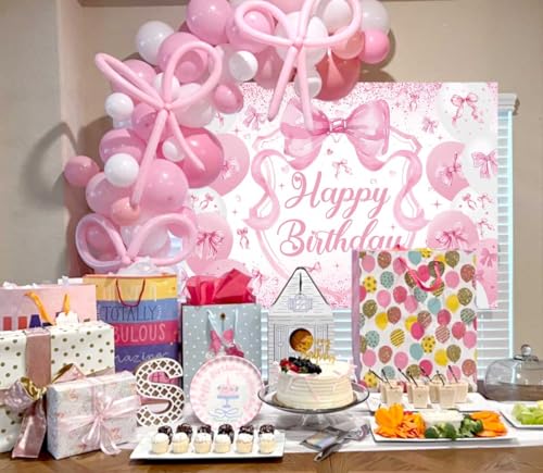 Pink Bow Birthday Backdrop for Girls 7x5FT Pink Balloon Bowknot Photography Background Cute Coquette Bachelorette Happy Birthday Banner Decorations Supplies Photo Props