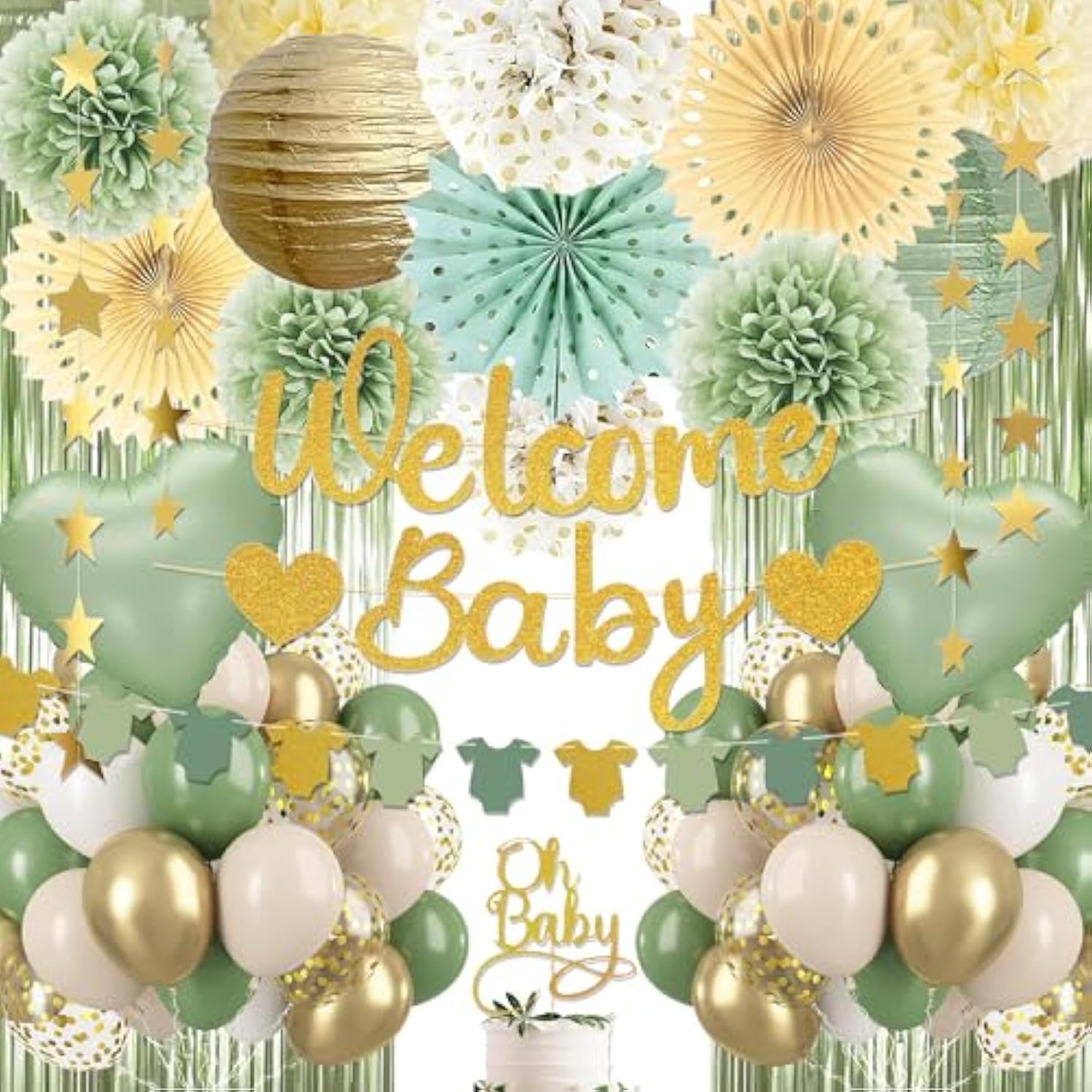 Sage Green Baby Shower Decorations - Gender Neutral Baby Shower Decor Set With Welcome Baby Banner, Tissue Pom Poms, Paper Lanterns, Flower Fans, Balloons, "Oh Baby" Cake Topper & Star Garland