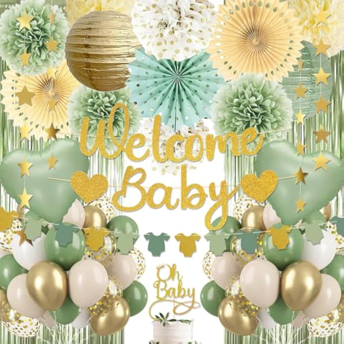 Sage Green Baby Shower Decorations - Gender Neutral Baby Shower Decor Set With Welcome Baby Banner, Tissue Pom Poms, Paper Lanterns, Flower Fans, Balloons, "Oh Baby" Cake Topper & Star Garland