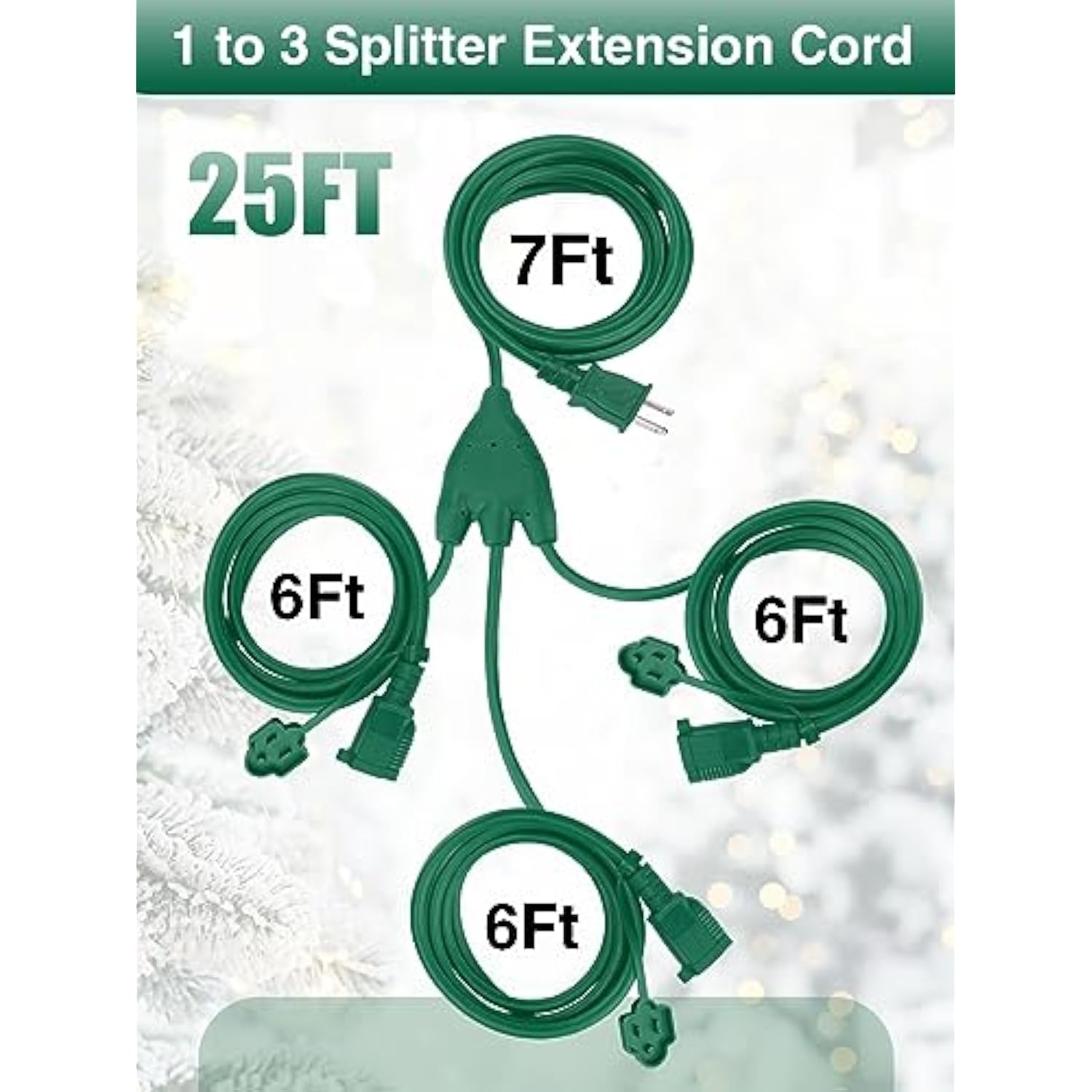 Extension Cord Outdoor With Multiple Outlets - Christmas Waterproof 1 To 3 Power Splitter, Ul Certified, 15A/1500W/16Awg/3C Power Cables Plugs For Decoration Lights, Max 13Ft (Combined 25Ft), Green