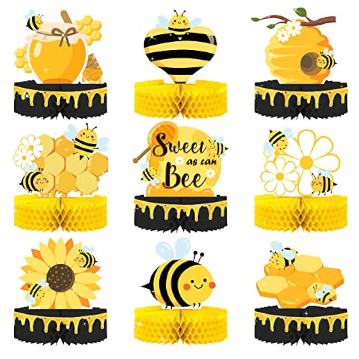 9-Piece Bumble Honeycomb Centerpieces - Table Decorations For Birthday Party, Baby Shower, Gender Reveal Party Supplies