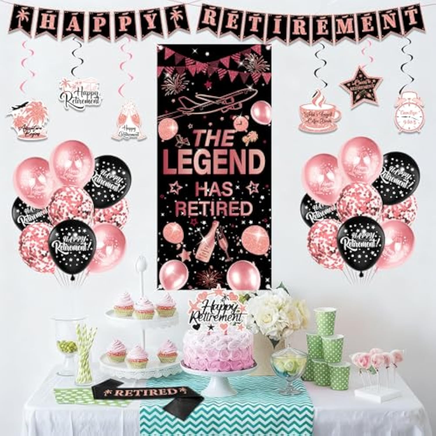Happy Retirement Party Decorations Women - 33 Pcs Black Rose Gold Banners Hanging Swirls Glitter Cupcake Cake Toppers Backdrop Sparkling Sash Confetti Balloons For Retire Decoration Party Supplies