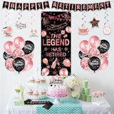 Happy Retirement Party Decorations Women - 33 Pcs Black Rose Gold Banners Hanging Swirls Glitter Cupcake Cake Toppers Backdrop Sparkling Sash Confetti Balloons For Retire Decoration Party Supplies