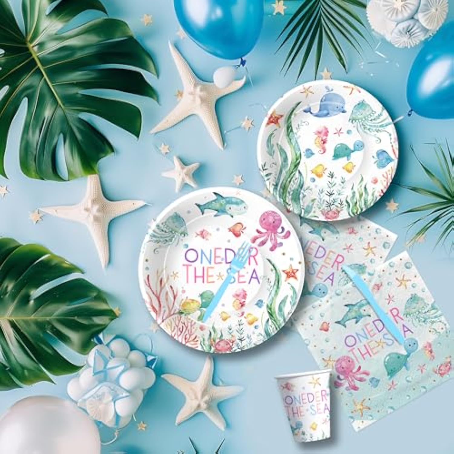 Under The Sea One Year Old Birthday Party Decorations Tableware, Ocean Oneder Sea 1St First Birthday Decorations Supplies, Paper Plate, Cup, Napkin, Fork | Serves 24