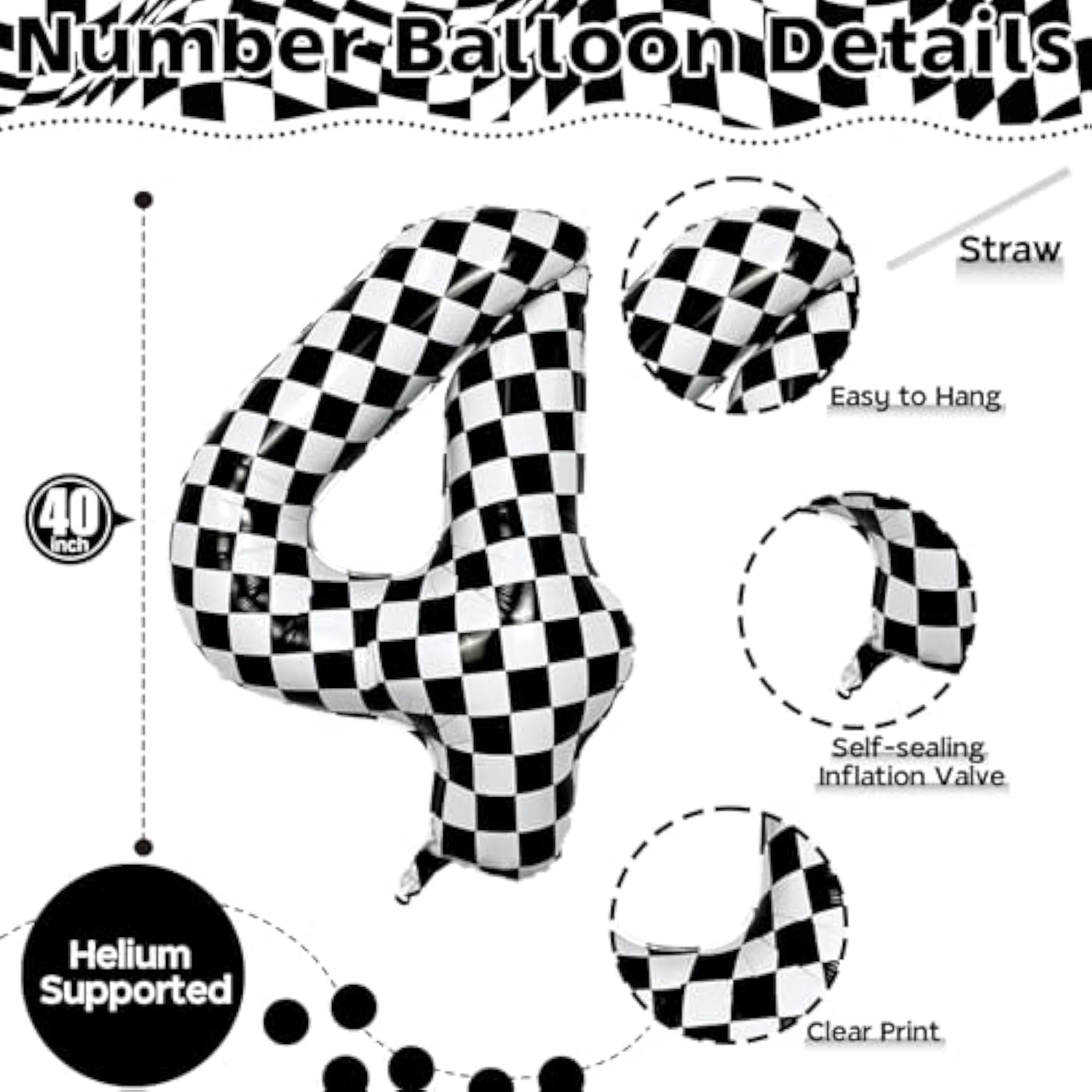 40in Black White Checkered Number 4 Foil Balloon Kids Birthday Party Decor