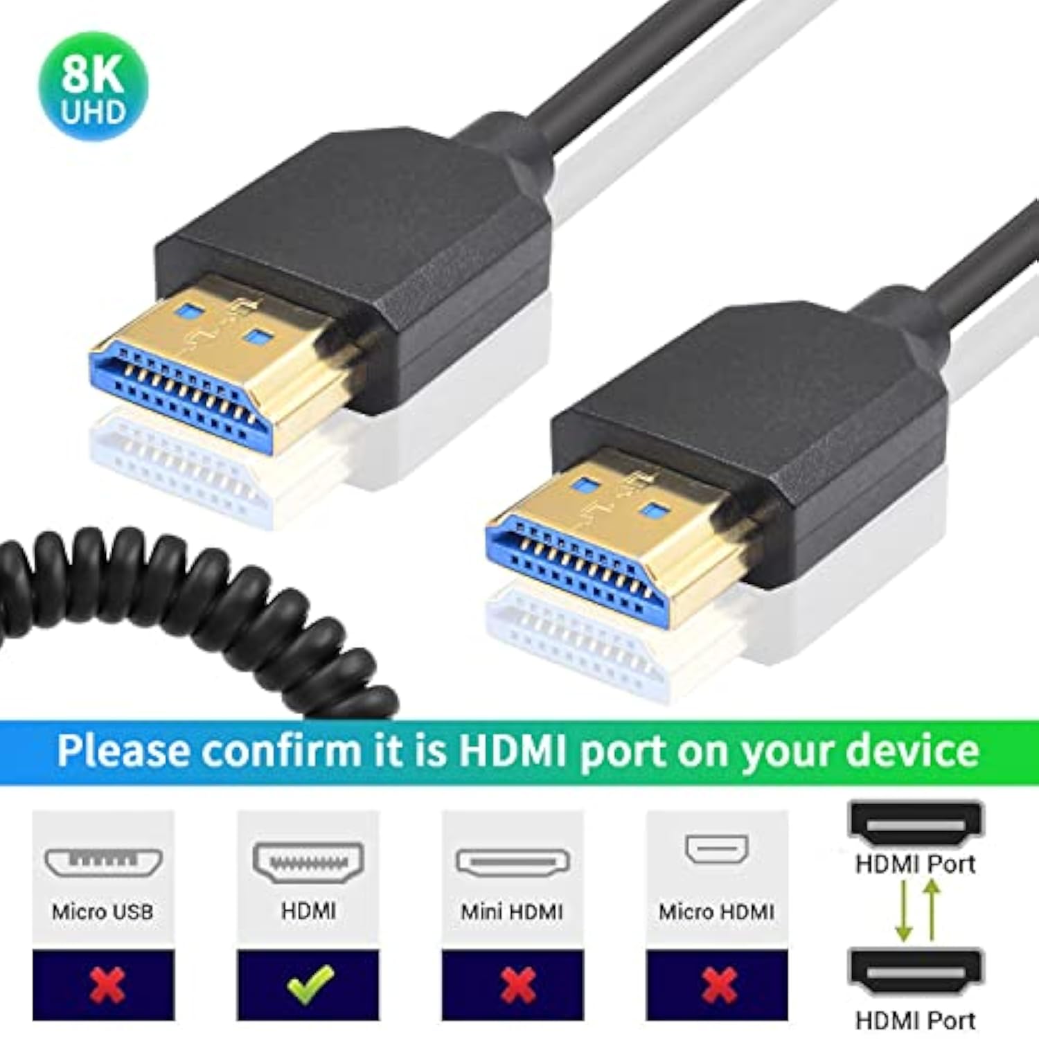 8K Hdmi Coiled Cable, Ultra Hd Hdmi To Hdmi Coiled Cable, Extreme Thin Hdmi 2.