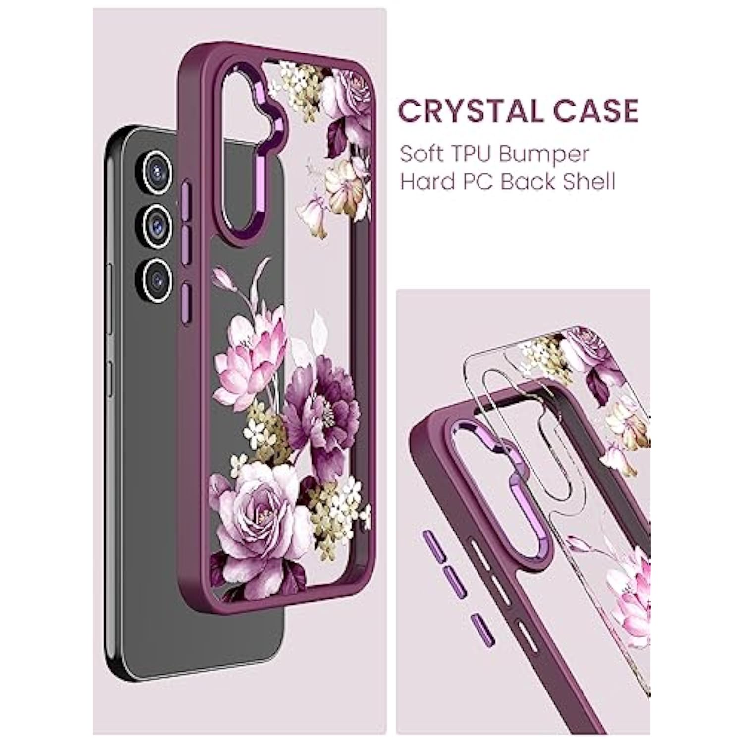 For Samsung Galaxy A54 5G Case With Tempered Glass Screen Protector [2 Pack],[Military Grade Protective] Slim Soft Tpu & Hard Pc,Girls Women Crystal Clear Flower Pattern Cases(Jd/Purple)