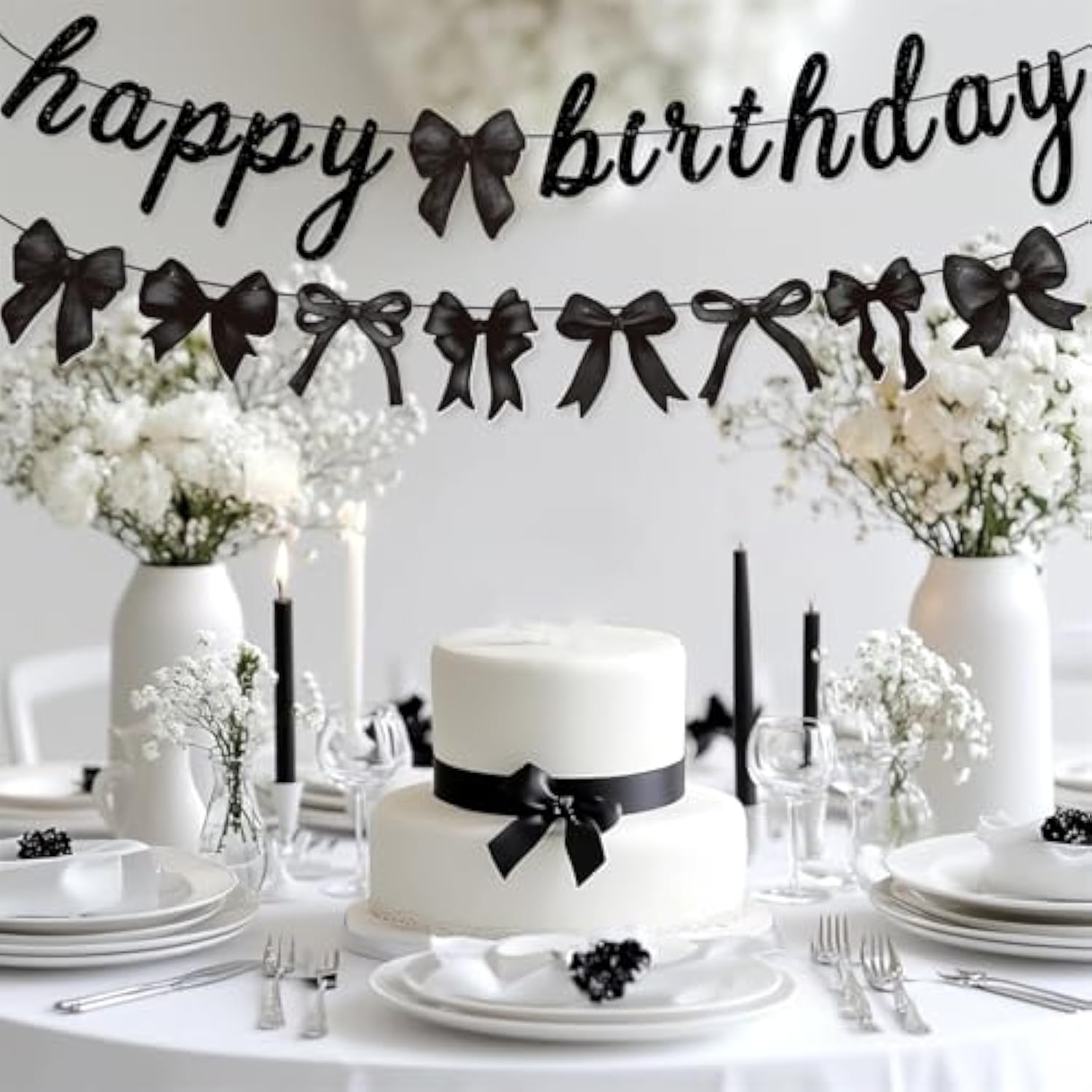 Black Bow Happy Birthday Banner for Coquette Parties & Baby Showers