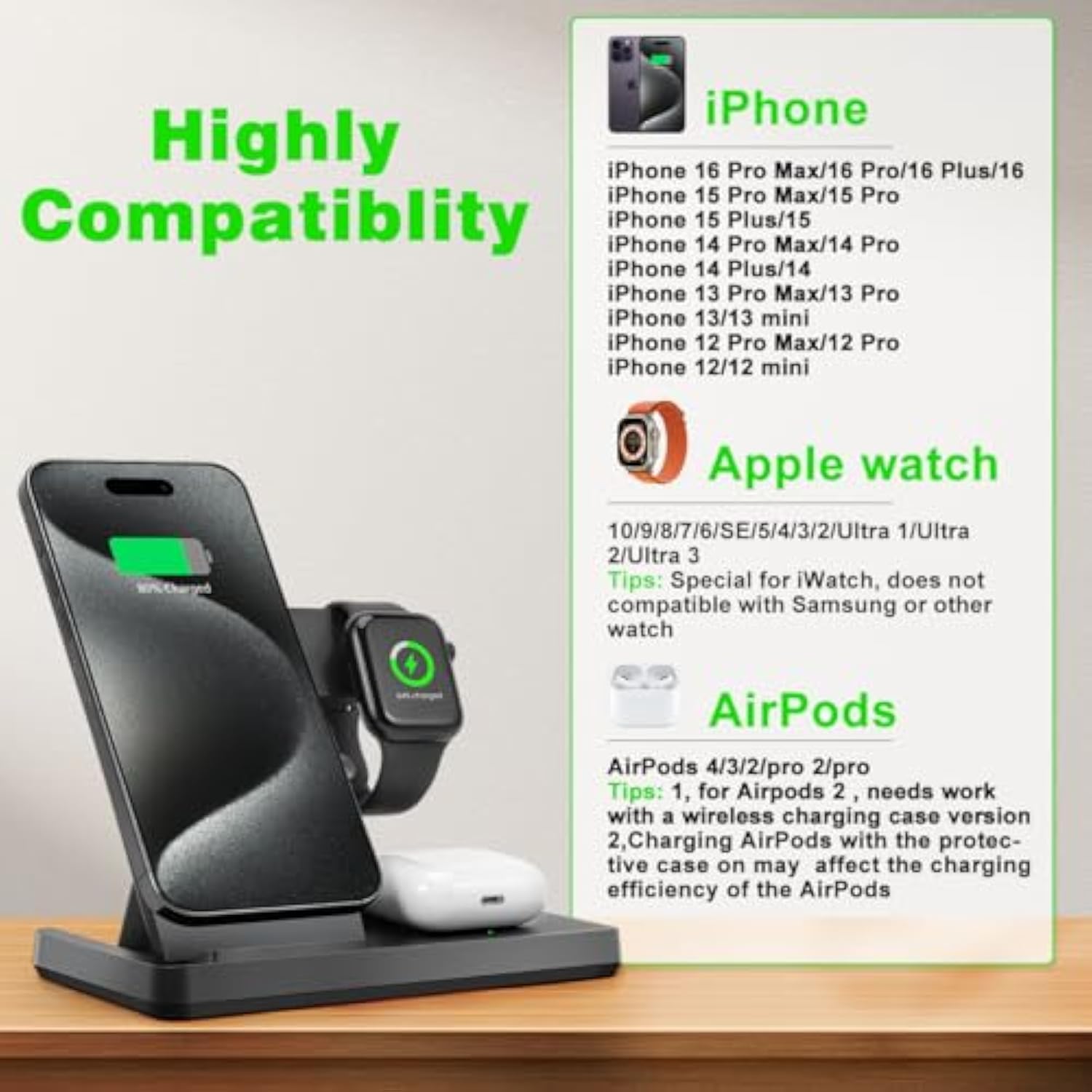 Magnetic 3 In 1 Wireless Charging Station For Magsafe Iphone 12-16 Series, Charging Station For Multiple Devices, Mag-Safe Wireless Charger Stand For Apple Watch 2-10 Series/Ultra/Se & Airpods 3/2/Pro