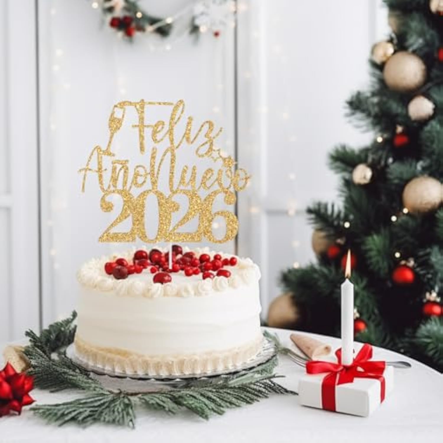 Feliz Año Nuevo 2026 Cake Topper Gold Glitter New Year Party Decor