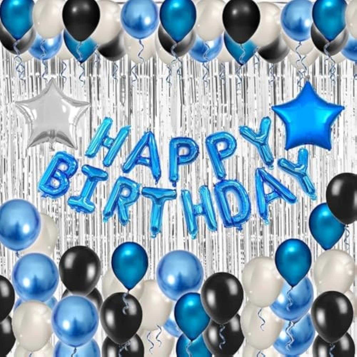49pc Blue & Black Birthday Decor Kit – Banner, Foil Balloons and Curtains for All Ages
