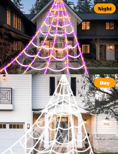 Spider Webs Halloween Decorations Lights - 250 LEDs Outdoor Halloween String Lights,8 Modes Remote Control 16.4Ft Spiderweb,Waterproof (Orange+Purple)