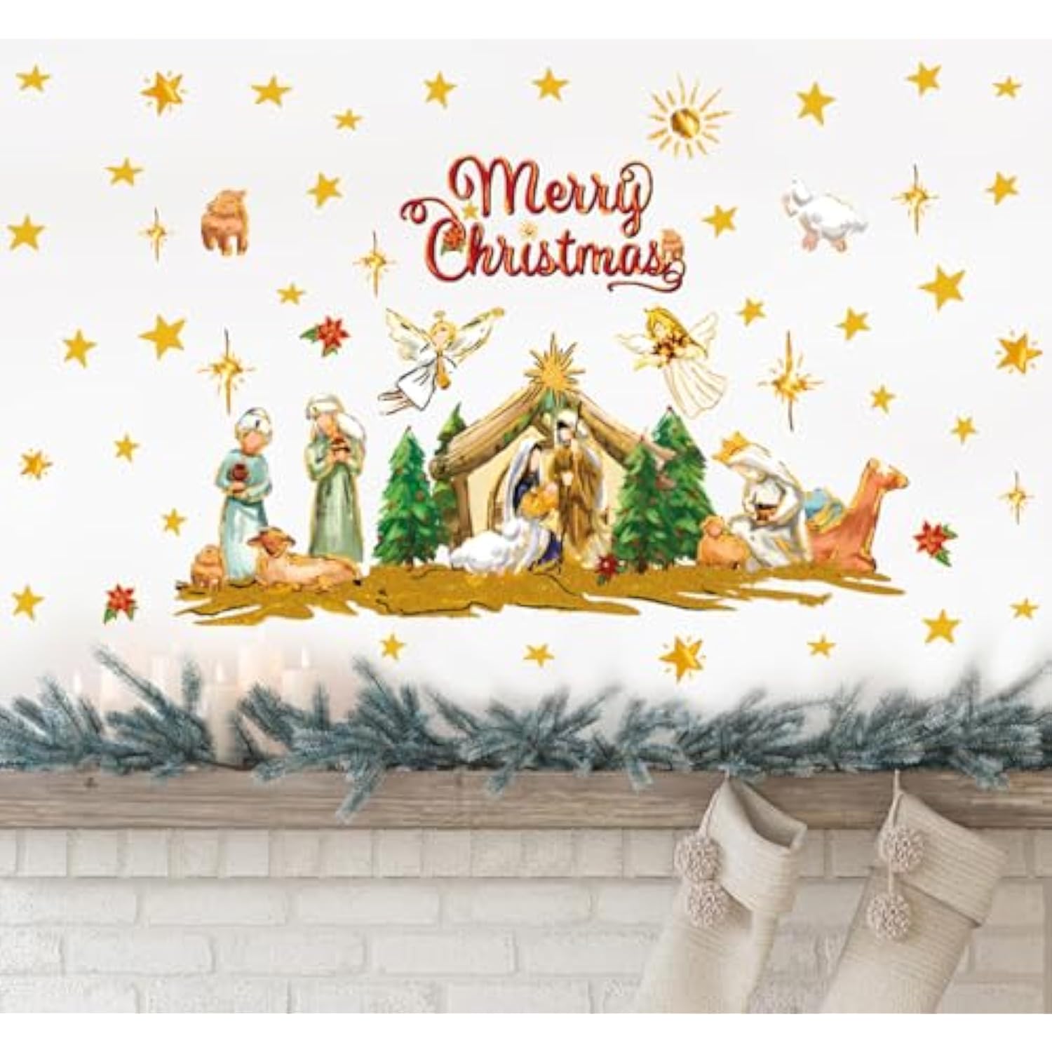 Christmas Wall Stickers Nativity Scene Wall Decals Large Holy Night Room Mural Stickers For Home Party Decor, 9.8 X 13.8 Inch, 4 Sheets