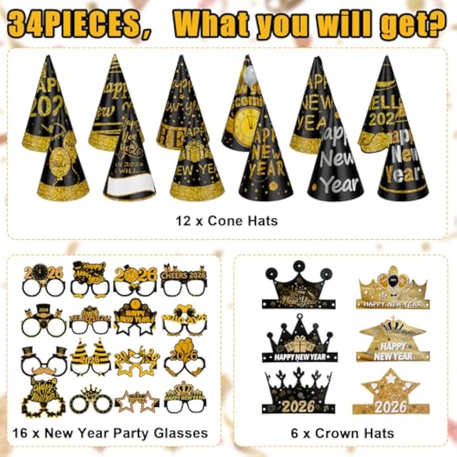 34pcs New Year 2026 Party Supplies Black Gold Hats Glasses and Accessories