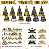34pcs New Year 2026 Party Supplies Black Gold Hats Glasses and Accessories