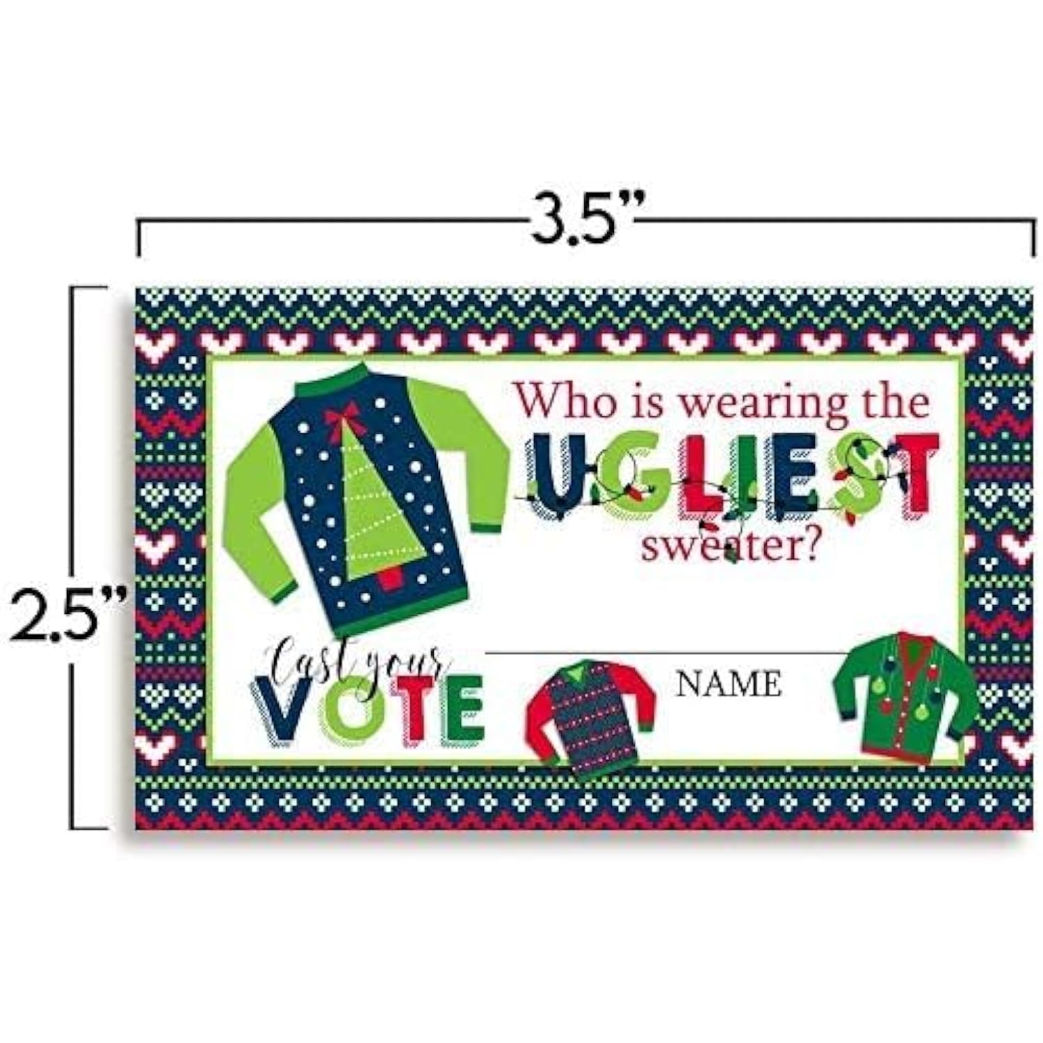 Ugly Sweater Christmas Games 20 Holiday Voting Cards 2" X 3" Double-Sided Party Game Cards For Themed Christmas Party, Fun Activity, Cute Festive Design, Made In Usa By