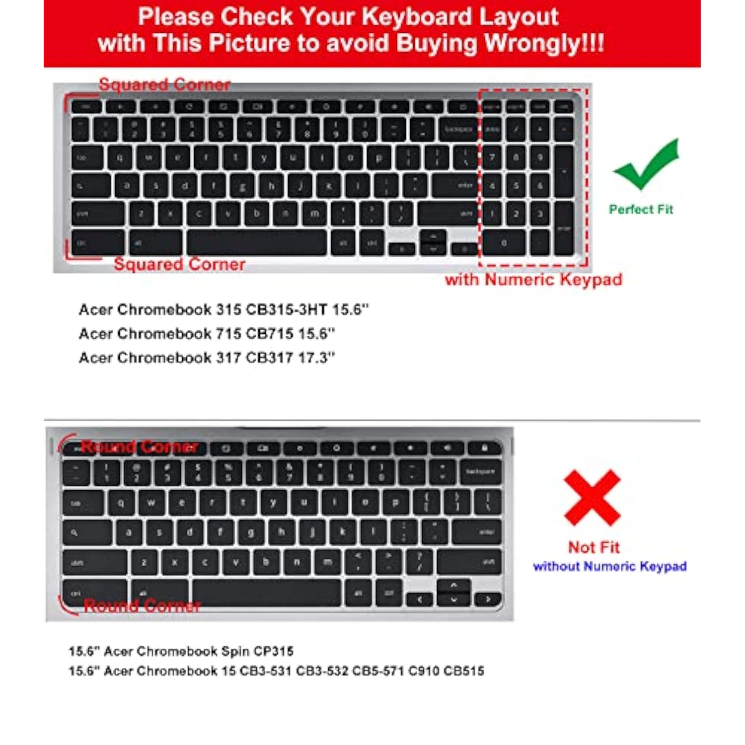 2Pcs Keyboard Cover For 15.6" Acer Chromebook 315 Cb315 715 Cb715 With Numeric