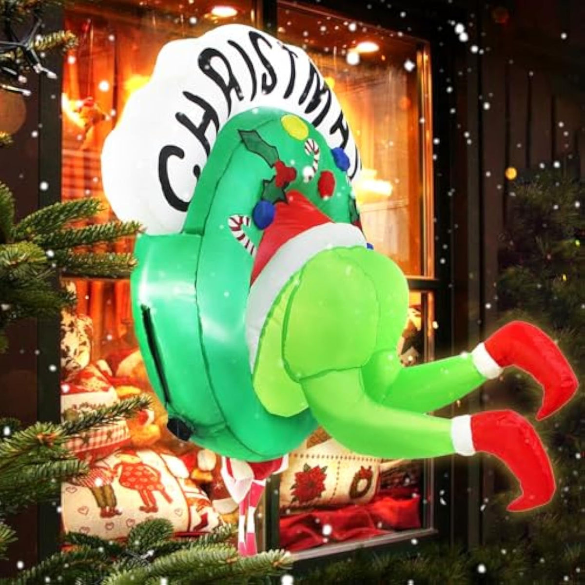 Christmas Inflatable Outdoor Decoration Window 3.5Ft Green Ugly Monster In Wreath With Built-In Led Lights For Yard Chri