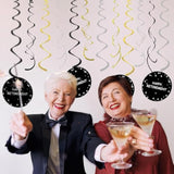 Black and Gold Retirement Party Decorations Kit Banner & Hanging Swirls for Men and Women