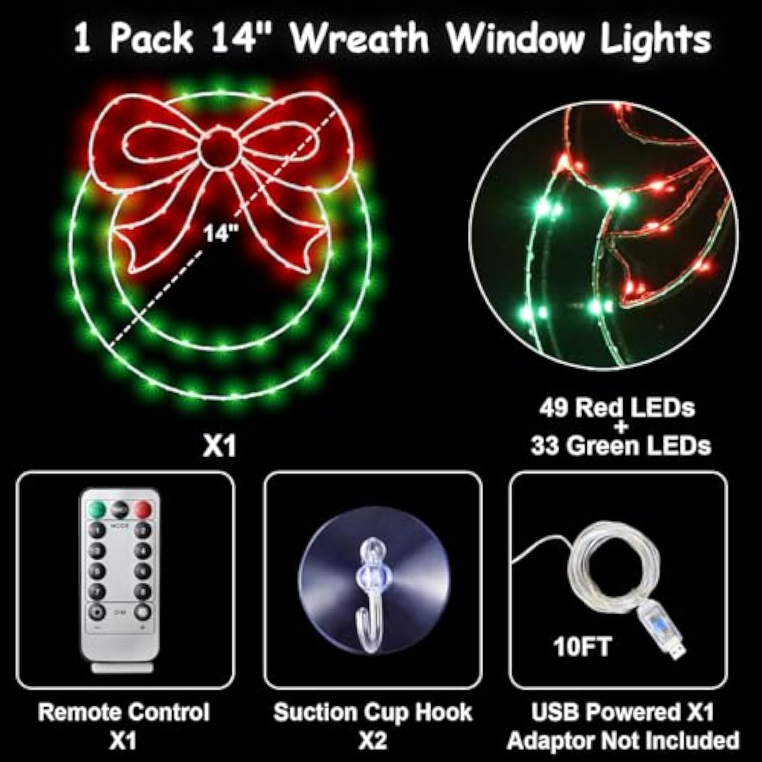 Christmas Wreath Window Lights Decorations, 14" 82Leds Christmas Wreath Lights With Bow, Timer Remote Control Usb Powere