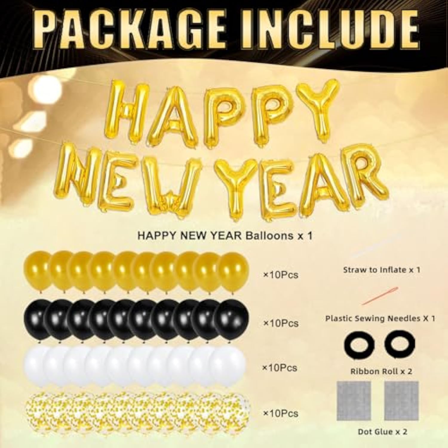 2026 New Year’s Eve Party Supplies Gold Black Balloons Banner Foil Curtains
