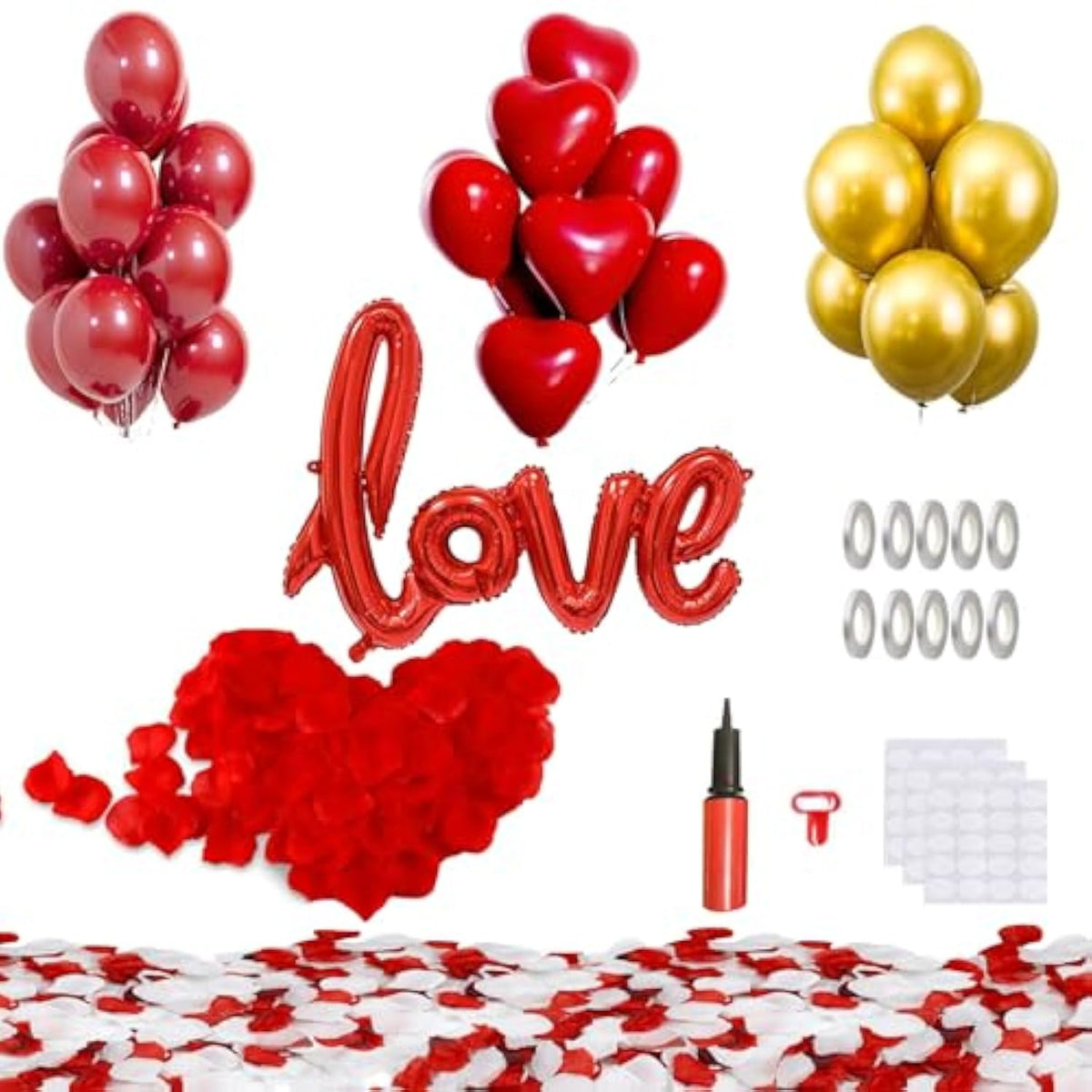 66Pcs I Love You Balloons And Heart Balloons Kit & 2000 Pcs Rose Petals 42" Love Balloon, Gold Balloons, Romantic Decoration Kit Double-Layer For Valentine Day, Wedding, Anniversary, Birthday Parties