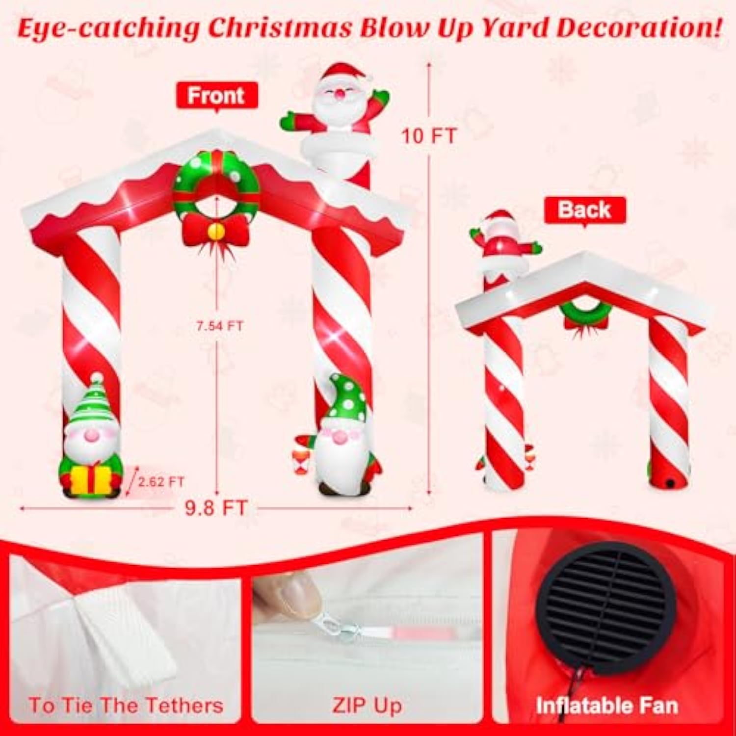 10 Ft Giant Christmas Inflation Archway Outdoor Decoration, Blow Up Yard Decorations With Gnomes & Santa Claus Built-In