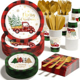 Christmas Party Decorations Supplies - 350 Pcs Merry Christmas Birthday Buffalo Plaid Disposable Dinnerware Set(50 Guest) With Xmas Paper Plates Napkins Cups Plastic Fork Knive Spoon For Holiday Decor
