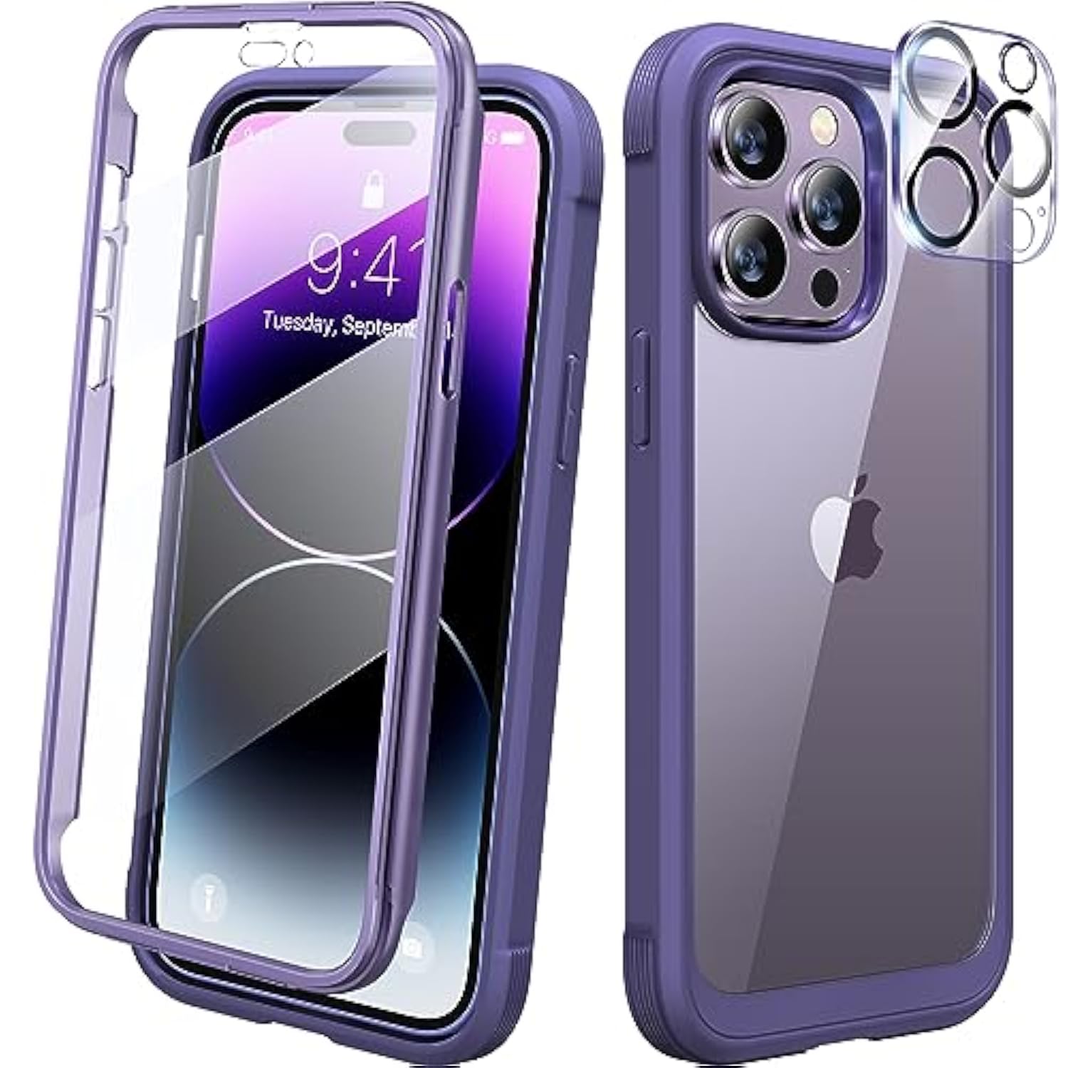 Designed For 14 Pro Case 6.1’’, Full Body Rugged Protective Case+ Camera Lens Protector W/Built-In Touch Sensitive Anti-Scratch Screen Protector, Bumper (Royal Purple)