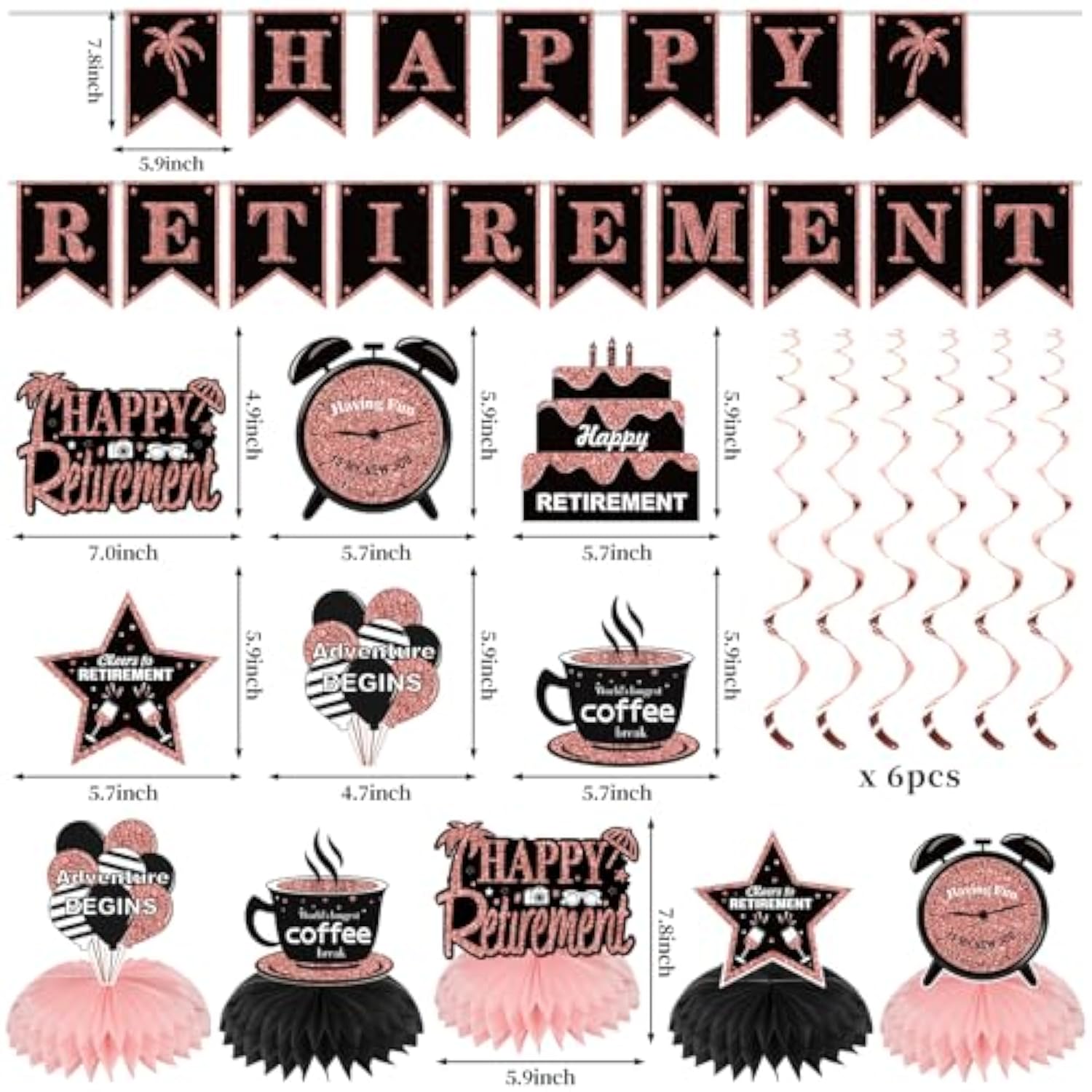 20Pcs Happy Retirement Party Decorations Kit For Women, Rose Gold Retirement Backdrop Balloons Honeycomb Centerpiece Swirl Paper Pompoms Party Supplies, Retired Sash Table Topper Swirls Set