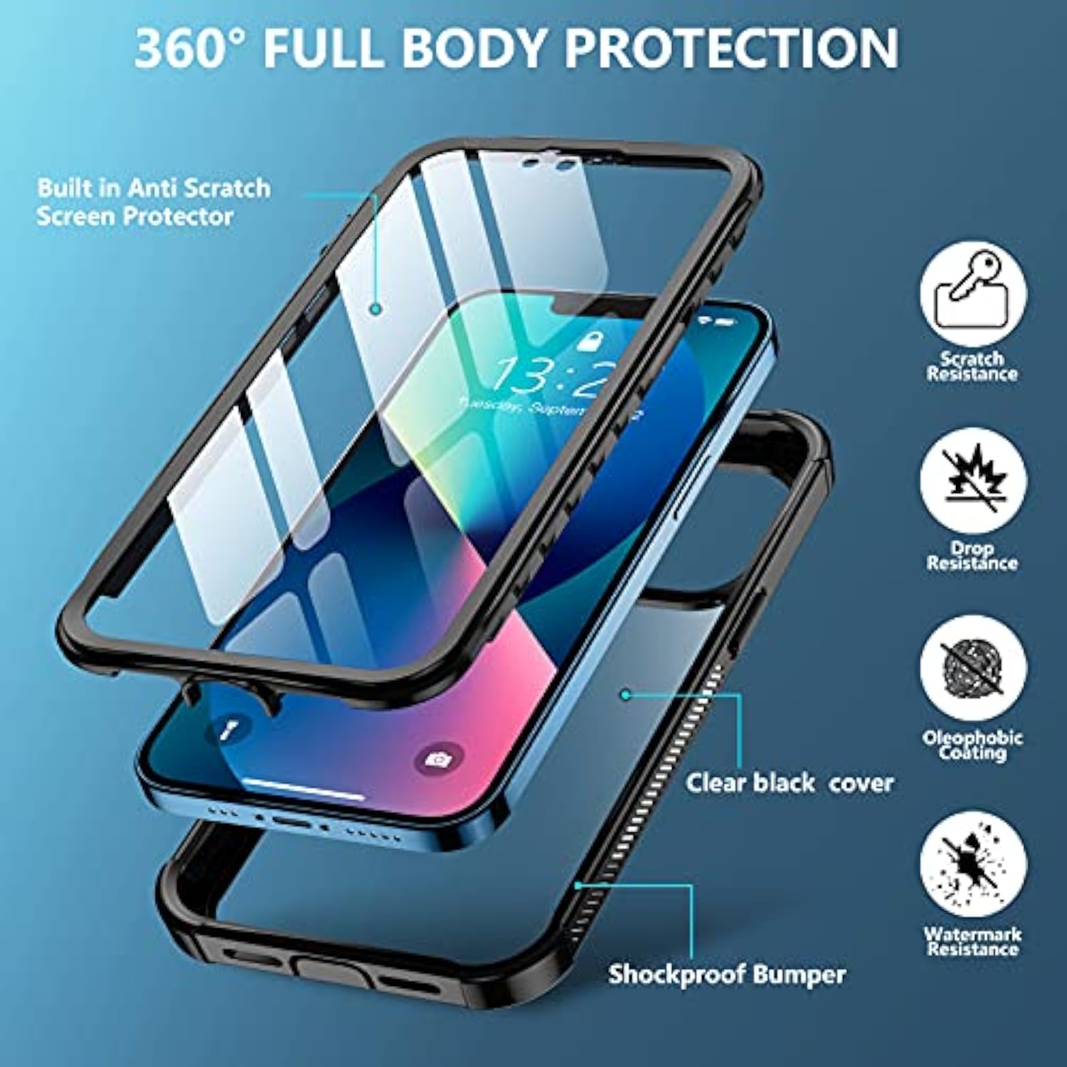 For Iphone 13 Case, [360 Full Body] [Heavy Duty Protection] With Built-In Screen Protector Tough Rugged 12 Ft Dropproof Shockproof Dust-Proof Bumper Case For Iphone 13 Phone Case 6.1 Inch